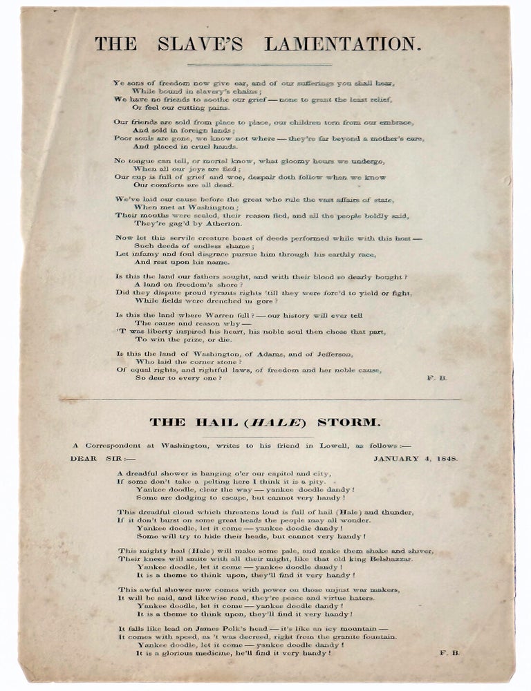 The Slave&rsquo;s Lamentation. The Hail (Hale) Storm. F. B., FAIRBANKS BUSH.