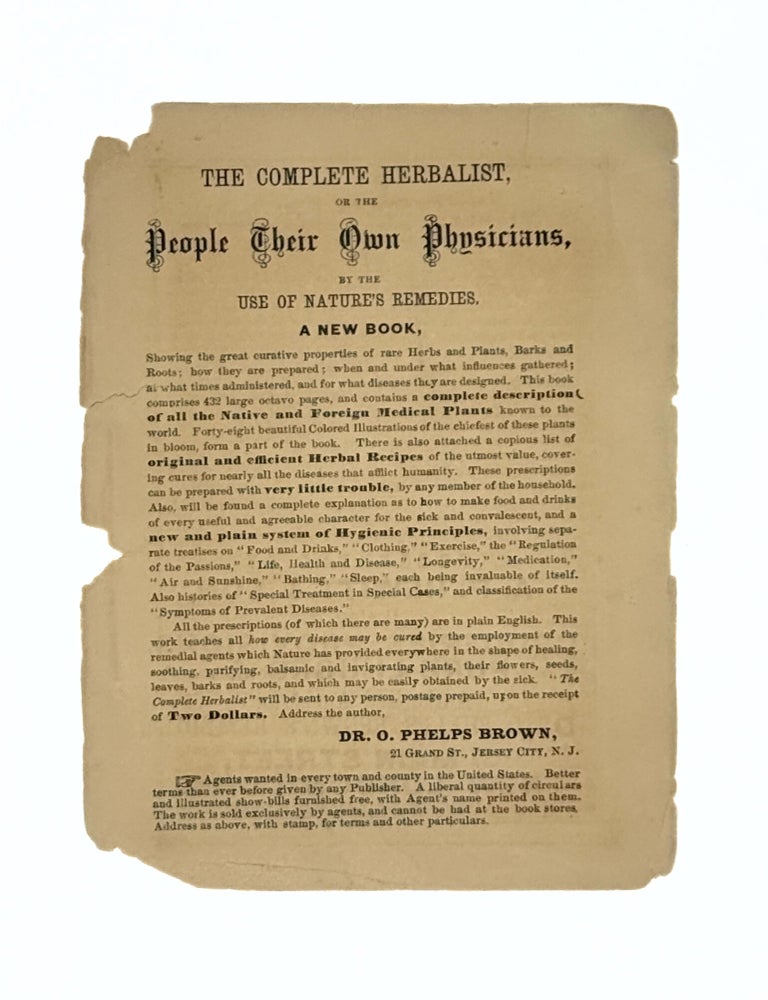 Handbill Advertisement for The Complete Herbalist, or the People Their Own Physicians, by the Use. Dr. O. Phelps BROWN.